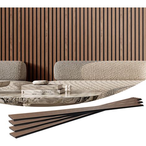 Panneaux acoustiques à lattes en bois, 2400 x 200 mm, lamelles acoustiques en MDF pour mur intérieur moderne, panneaux muraux en faux bois pour décoration élégante et réduction du bruit, noyer (1/5)