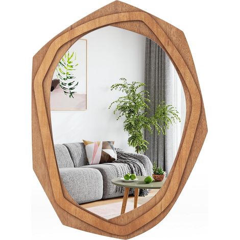 COSTWAY unregelmäßiger Wandspiegel, asymmetrischer Spiegel mit Holzrahmen, HD-Reflexion, gerahmter Hängespiegel, Kosmetikspiegel Wand, dekorativ für Flur Badezimmer Schlafzimmer (Natur, 89,5 x 66 cm) (1/5)
