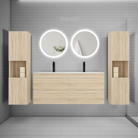 AICA Ensemble meuble double vasque L.120cm 4 tiroirs + lavabo + 2LED miroirs rond 60cm + 2colonne,chêne C
