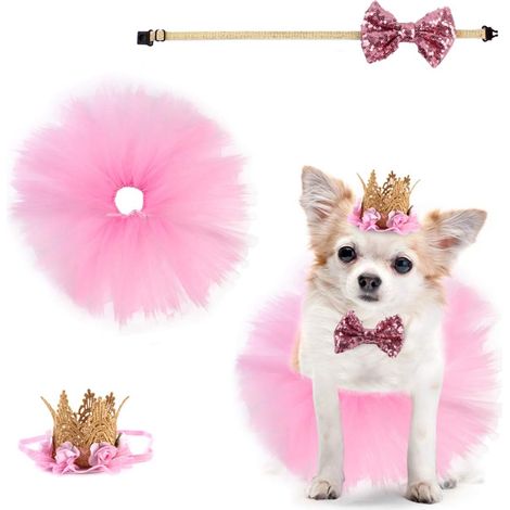 Lot de 3 costumes pour chien, déguisement d'anniversaire rose avec tutu, couronne, chapeau, nœud papillon à paillettes et sangle de cou ajustable. (1/4)