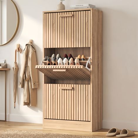 Meuble Chaussures Finition Bois avec 3 Portes - Capacité 18 Paires - Rangement Gain de Place pour Entrée - Design Naturel (1/5)
