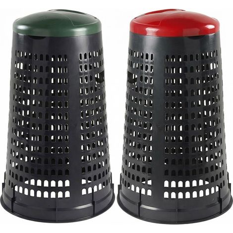 Set 2 Trespoli con Coperchio Anello Fermasacco cestino Bidone da Esterno 100 LT rosso e verde contenitore portasacco in Plastica Traforata Anti Odore RACCOLTA DIFFERENZIATA dei rifiuti isola ecologica (1/5)