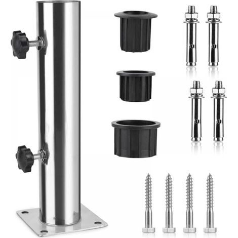 Tubo de sombrilla, XU, base de sombrilla, soporte ajustable de acero inoxidable con 3 anillos reductores de PVC (32/38/48 mm), base de sombrilla con 8 puntas de acero - KZQ (1/4)