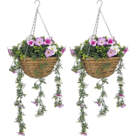 Set of 2 Artificial Silk Azalea Flowers, Hanging Planters with Basket, Faux Plants for Home Indoor Outdoor Decor, Pink and White