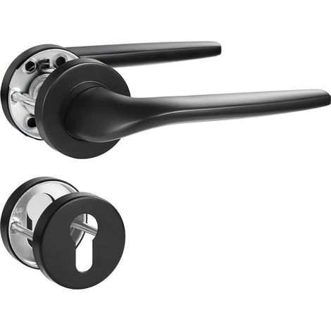 Poignée de Porte Noire, Forme en L, Garniture en Acier Inoxydable Brossé Mat, Poignée pour Porte d'Entrée et Porte Intérieure, Rosace Ronde, PZ - Cylindre de Profil (1/5)