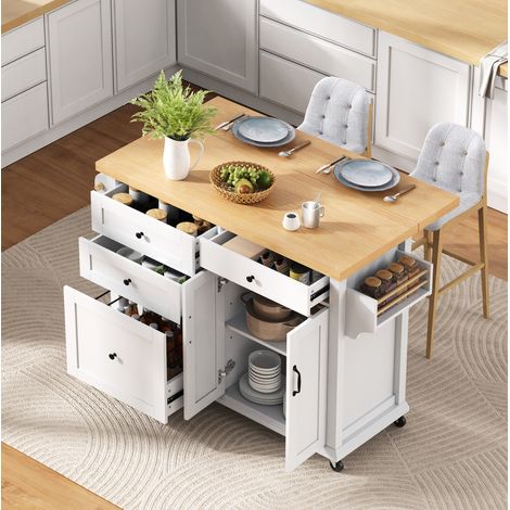Isla de cocina 107x45-70x90.5 cm blanca y natural en MDF con ruedas y encimera extensible (1/5)