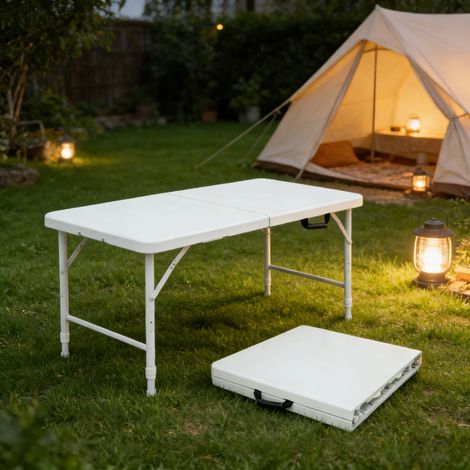 Table Pliante Portable Robuste 125 cm - Hauteur Réglable, Poignée de Transport, Charge 135 kg - Table Multifonctionnelle pour Camping, Pique-niques, Fêtes Intérieur/Extérieur (Blanche) (1/5)