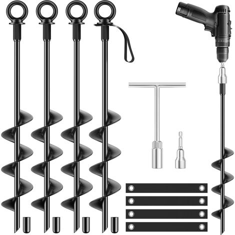 Lot de 4 piquets d'ancrage au sol de 45,7 cm, piquets résistants entièrement soudés pour trampoline, ancrages à vis pour ensemble de balançoires, tente anti-vent élevé, abris pour voitures (1/5)