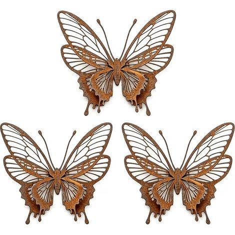 3 sculptures papillon en métal rouille, style vintage vieilli, décor extérieur autoportant pour jardin, cour, patio, Halloween, Fête des Mères (1/5)
