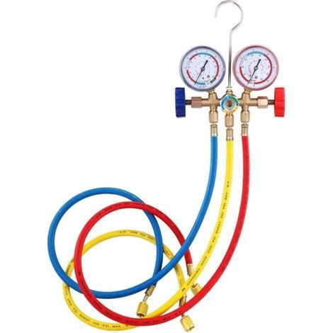 Refrigerant manifold pressure gauge, air conditioning tools with hose and hook for R12 R22 R404A R134A (1/4)