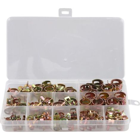 Adecuado para paquetes de 100 clips de resorte, aplicable a mangueras de automóviles, camiones, combustible y agua, abrazaderas para mangueras y juegos de combinación de sujetadores, tamaños de 6 a 17