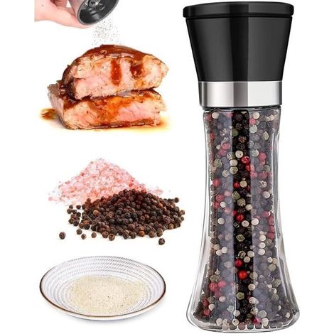 Moulin à Poivre et Sel,Grinder Manuel,Broyeur à Épices Réglable,Salieres et Poivrieres en Verre,Moulin à Epices en Plastique(Noir) (1/4)