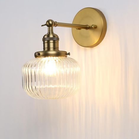 Vintage Industrial Wall Light E27 Indoor Lighting  16 cm Ribbed Glass Lampshade for Living Room, Kitchen, Bathroom, Mirror (Antique Brass, 1-Light) (1/5)