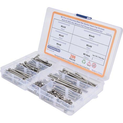 Kit 200 pièces vis à tête cylindrique hexagonale et écrous en acier inoxydable A2, assortiment avec clés Allen pour usage industriel (1/5)