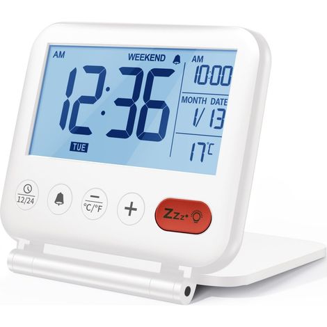Réveil de Voyage Mini Horloge Numérique LCD Portable avec Calendrier Rétroéclairé 12/24H Température Miroir de Maquillage Petite Horloge de Bureau Pliable à Piles (Blanc) (1/5)