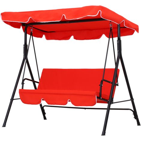 Balancelle Jardin 3 Places Toit Inclinable Coussins Assise Dossier Acier Noir Polyester Rouge 172x110x152 cm