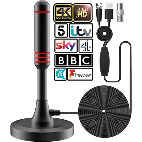 HDTV Aerial - Indoor TV Aerial for Smart TV with Signal Booster - Digital TV Aerial for Freeview TV 600 Miles Long Range Support 4K 1080P -With Magnetic Base / 16.5FT Coax Cable (T808)