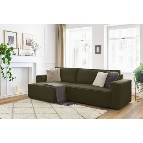 BOBOCHIC - Canapé d'angle réversible convertible coffre NIHAD velours côtelé Vert clair (1/5)