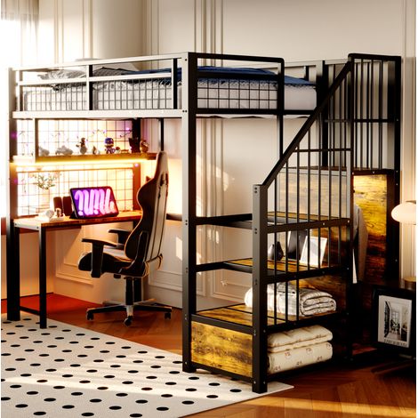 lit adulte rangement bureau 90x200 métal noir stable OKMYHOME (1/5)