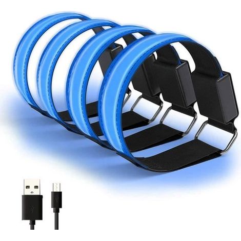 Lot de 4 Brassard réfléchissant LED Lumineux Rechargeable USB Réglable pour Courir Cyclisme Sports, Bleu (1/4)
