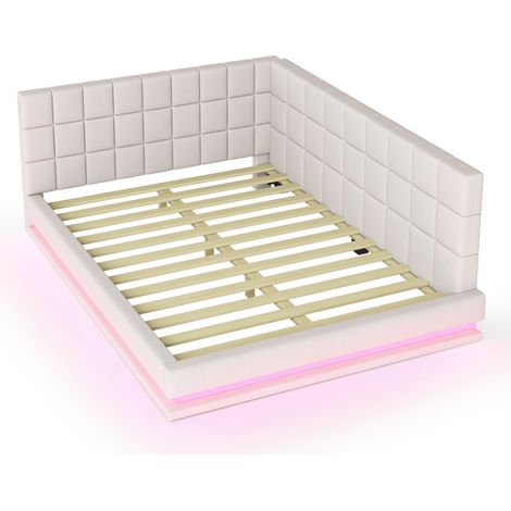 Cama tapizada 140 x 200 cm en lino beige con tira LED, toma USB y somier de láminas (1/5)