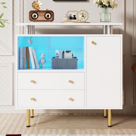 Credenza LED, 80x35x80 cm, mobile contenitore per soggiorno e sala da pranzo, legno e vetro con 2 ante scorrevoli e gambe in metallo, bianco (1/5)