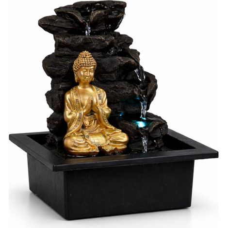 Fontaine d’Intérieur Amovible Lumière LED - Cadeaux - Déco Bureau Chambre Salon - Fontaine de Table - Circuit fermé - Marron et Dorée - H 26cm (1/5)