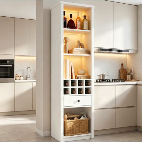 Hohe Vitrine 55x40x200 cm aus weißem MDF mit LED, platzsparender Stauraum – MEUBLIV (1/5)