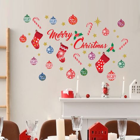 2 ensembles de décorations de Noël, stickers muraux, fresques murales avec le texte « Joyeux Noël », adaptés aux salons, chambres d'enfants, crèches, salles à manger, cafés et décorations d'hôtels (dé (1/4)