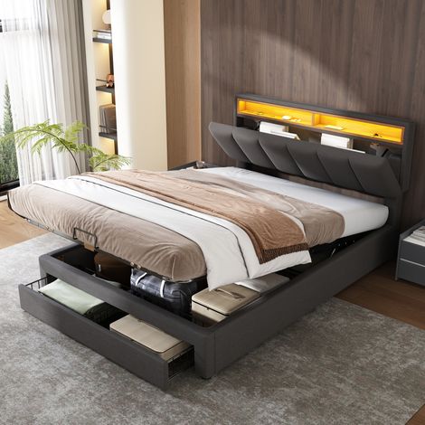 Lit double 140/200 cm gris en lin avec tête de lit à éclairage réglable et coffre de rangement (1/5)