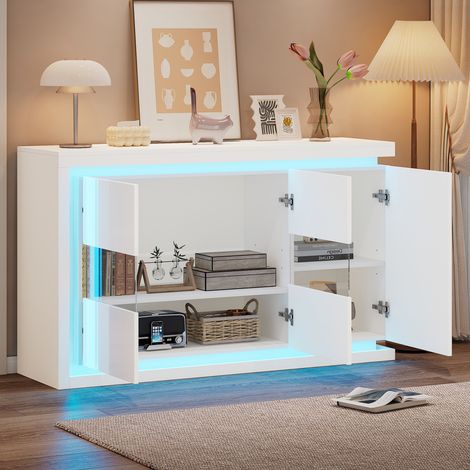 REDOM - Buffet - 140x40x84 cm - 4 compartiments - portes en verre trempé - éclairage LED télécommandé - panneaux de particules - blanc