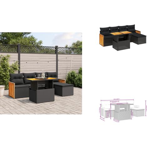 Salon de jardin 6 pcs avec coussins noir résine tressée - Ensemble Salon De Jardin - Mobilier Extérieur - Résine Tressée - Rotin Synthétique - Table Extensible (1/3)