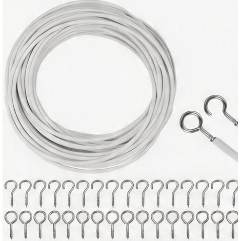 Câble rideaux acier PVC, anti-affaissement robuste, kit 10m avec 25 crochets (1/5)