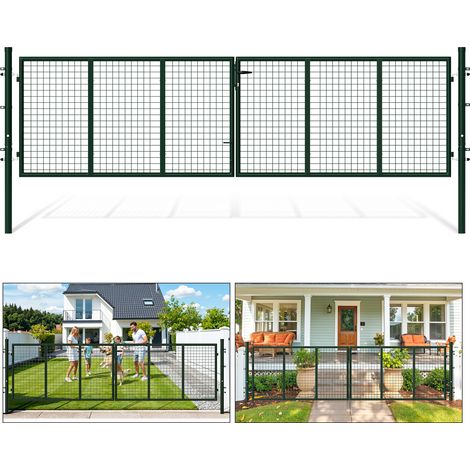 Jiubiaz Puerta de jardín de doble hoja - Verde, 350 x 100 cm - Puerta de rejilla - con manilla, cerradura, llaves y cierre en el suelo - Acero galvanizado