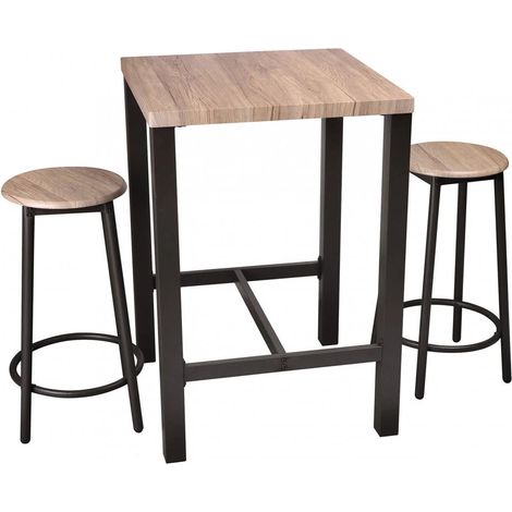 Table de Bar Carrée + 2 Tabourets de Bar en Bois et Métal Noir (1/5)