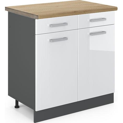 Küchenunterschrank R-Line, Weiß Hochglanz, 80 cm , AP Eiche, Vicco