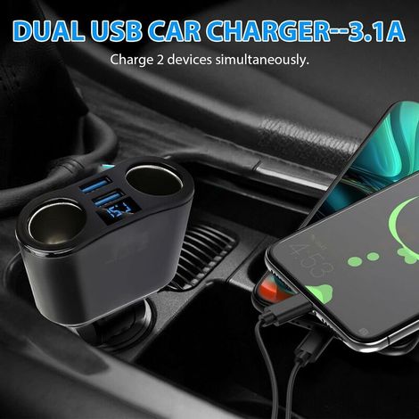 QC 3.0 Chargeur Allume Cigare USB, 12V 15W Ports USB + 2 Prises Adaptateur Allume-Cigare Chargeur de Voiture avec Affichage LED De Voltage pour TéLéPhone Tablette iPhone Galaxy GPS Etc. (1/4)