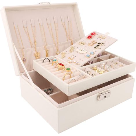 Boite a Bijoux Femme Fille, Boîte à Bijoux Vuir PU 2 Couches Verrouillable Grande Capacité Boite de Rangement Bijoux pour Colliers, Boucles d'oreilles, Bracelets