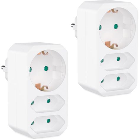 Set mit 2 weißen Mehrfachsteckdosenadaptern – Kindersicherer Steckeradapter – Doppelsteckdose (3680 W) – Dreifachsteckdose – 2 Euro- und 1 Schuko-Steckdose – Steckdose mit Schutzkontakt