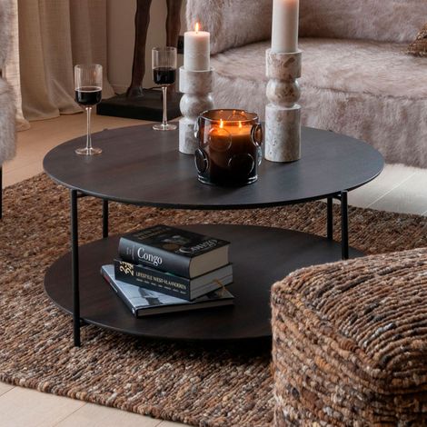 Table basse ronde 2 niveaux 93x38 cm marron foncé et noir - HIERE