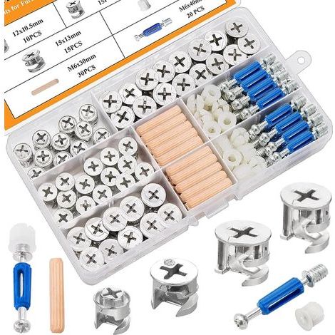 Möbelmontage-/Reparaturset bestehend aus 120 Teilen: Nockenschlösser, 3-in-1-Exzenterrollen, Befestigungsmaterial und Verbindungsstücke mit Muttern, Schrauben und Holzdübeln in verschiedenen Größen. (1/5)