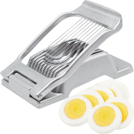 Cortadora multifuncional para huevos, frutas y verduras, fabricada en acero inoxidable, diseño compacto.