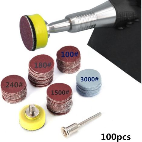 Kit de 100 tampons abrasifs de 25 mm (1 pouce) de diamètre, grain 100 à 3000, pour outils rotatifs Dremel. Accessoires inclus. (1/5)