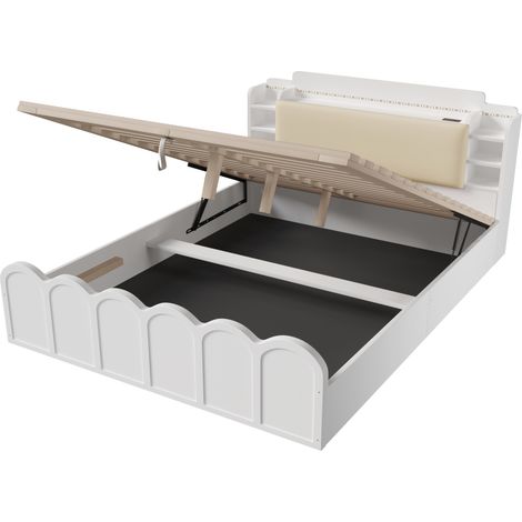 Letto contenitore idraulico 140x200 cm bianco con LED, porte USB e USB-C, senza materasso (1/5)