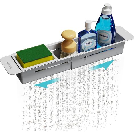 Organisateur Extensible pour Évier de Cuisine, Rack Télescopique Compact pour Brosse et Éponge, Porte-Éponge/Raclette Ajustable avec Drainage, Pads Antidérapants, ABS Durable (Gris) (1/5)