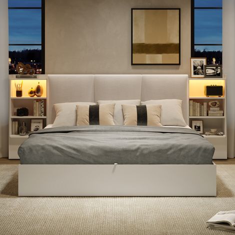 Lit coffre double 180x200cm avec rangement hydraulique,LED 7 couleurs,tête de lit rembourrée avec 6 niches,MDF,contreplaqué et lin,blanc (1/5)