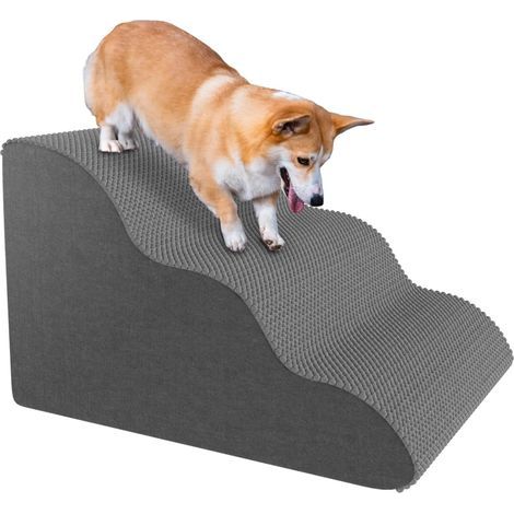 Escalier pour petits chiens et chats - Design incurvé confortable avec housse imperméable, marches en mousse haute densité pour lits ou canapés, durable et léger, 3 couches, 55 x 40 x 35 cm - Gris (1/5)