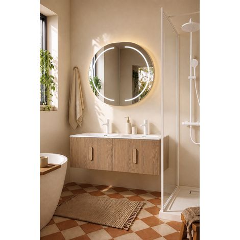Meuble salle de bain suspendu 160 cm FINN 2 tiroirs BASS chêne  double vasque encastrée avec trous robinet