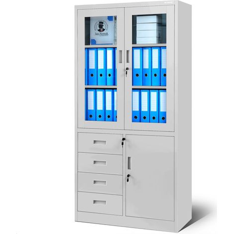 Büroschrank mit Glastüren und Schubladen WIOLA, 900 x 1850 x 400 mm, Grau