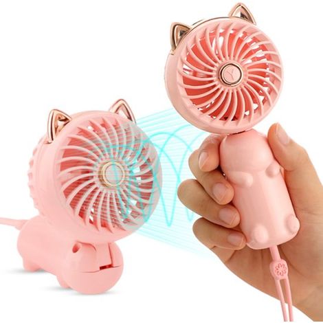 Ventilateur en forme de chat - Ventilateur portable - Mini ventilateur - Ventilateur portable rechargeable - Mini ventilateur rechargeable - Mini ventilateur USB - Rose - Plastique rose (1/5)